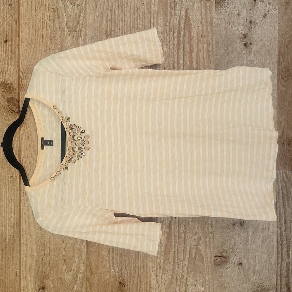 J. Crew Apricot and White Striped Tee with Bejeweled Neckline Size XSmall